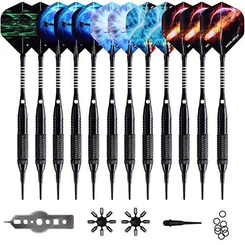 WIN.MAX 12-piece soft tip dart set with black barrels, multiple colored flights, and a large pile of extra tips