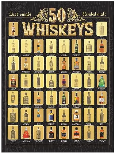 Whiskey bucket list scratch off poster revealing top 50 world whiskies for bar decor