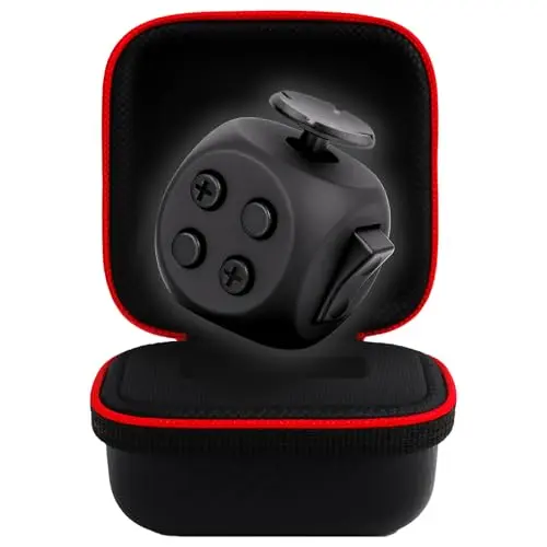 A black cube fidget toy with different buttons, switches, and a joystick on each side.