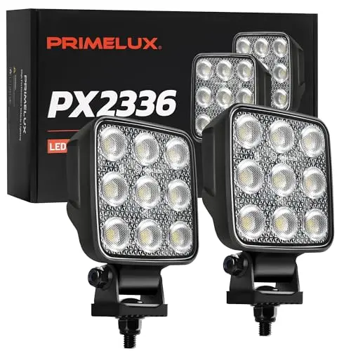 Pair of Primelux square LED work lights with shock-absorbing pads.