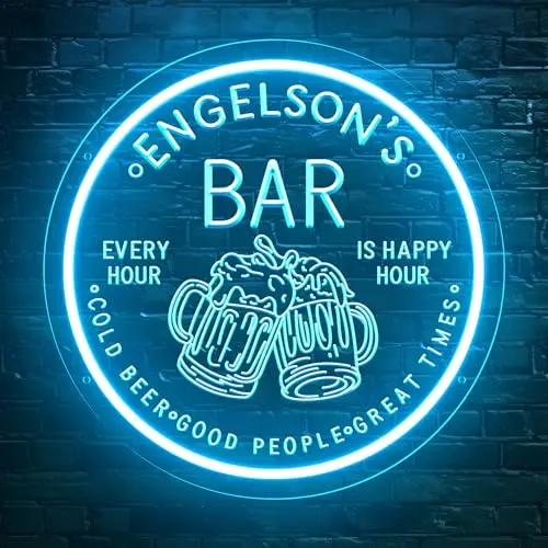 Customizable LED neon bar sign mounted on clear acrylic, glowing with a personalized name or slogan