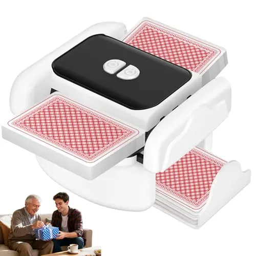 Compact white automatic card shuffler with a slide-out tray